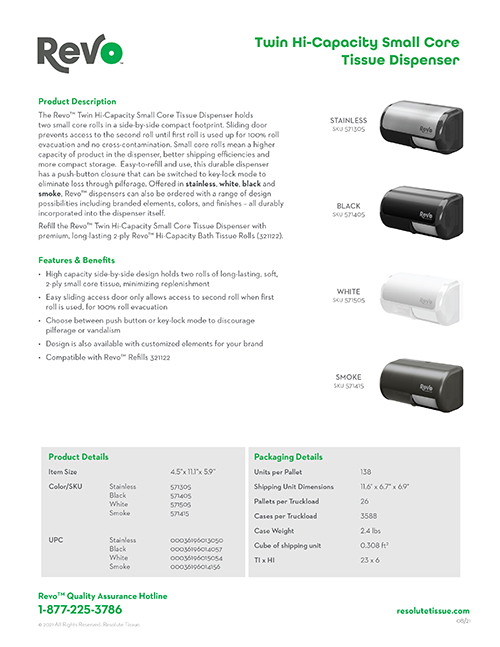 Revo<sup>®</sup> Twin Hi-Capacity Dispenser Printable Spec Sheet